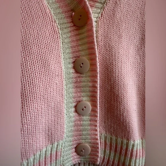 Vintage 80s mister NOAH Preppy Pink and White Striped Cardigan Sweater Size M - Picture 3 of 4